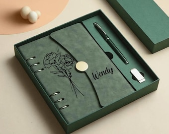 Personalized Engraved Leather Journal with Pen, Custom Notebook Diary, Birthflower Gift, PhD Graduation Gift, Teacher Student Gift
