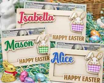 Personalized Easter Money Holder, Wooden Bunny Cash Holder for Kids Easter Basket Money Gift, Baby First Easter Basket Filler, Gift For Kids
