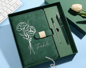 Personalized Leather Notebook Gift Set for Mom, Custom Name Journal with Pen, Birthflower Diary, Mom Life Planner, Mothers Day Gift