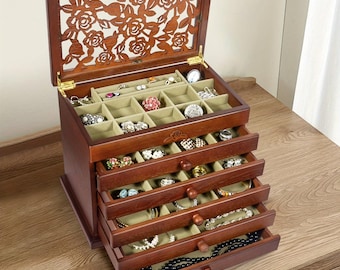 Large Wooden Jewelry Box | Vintage Jewelry Organizer Keepsake Box | Gift for Wife Mom Birthday Anniversary | Wedding Keepsake Bridesmaid Box