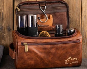 Mens Leather Toiletry Bag Personalized, Monogram Wash Bag, Travel Dopp Kit, Gift for Dad, Birthday & Anniversary Gift for Him