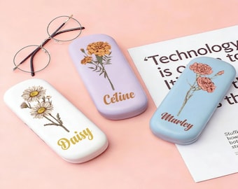 Personalized Leather Glasses Case, Eyeglass Holder, Sunglasses Case, Birthflower Gift for Mom, Birthday Gift Woman, Gift for Grandma