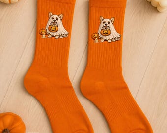 Cute Corgi Ghost Halloween Solid Crew Socks, Funny Corgi Costume Socks, Trick or Treat Dog Lover Gift
