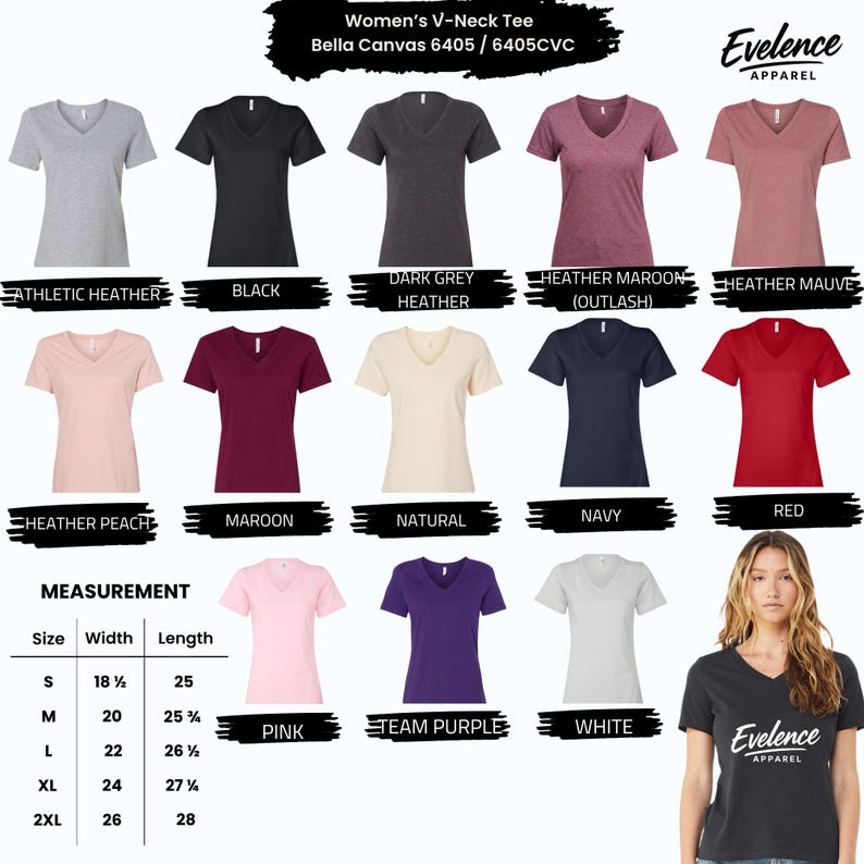 Peut inclure: Une collection de t-shirts &agrave; col en V Bella Canvas 6405 dans diverses couleurs, dont gris chin&eacute;, noir, gris fonc&eacute;, bordeaux, mauve, p&ecirc;che, naturel, marine, rouge, rose, violet et blanc, avec un tableau des tailles de 18,5 &agrave; 26 pouces.