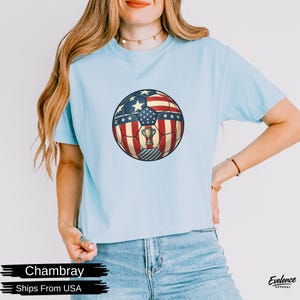 May include: A light blue short-sleeved t-shirt featuring a central graphic of a football patterned with the American flag design, including stars and stripes, and a small gold trophy icon centred within the ball's circular frame.