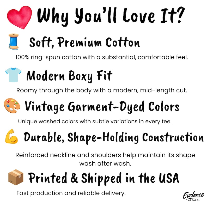 May include: An informational graphic titled Why You'll Love It? featuring icons of a heart, spool, t-shirt, paint palette, bicep, and box. It lists features: Soft, Premium Cotton, Modern Boxy Fit, Vintage Garment-Dyed Colours, Durable, Shape-Holding Construction, and Printed & Shipped in the USA.