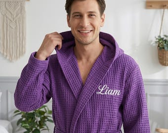 Luxury Mens Waffle Robe, Cotton Hooded Loungewear, Gift