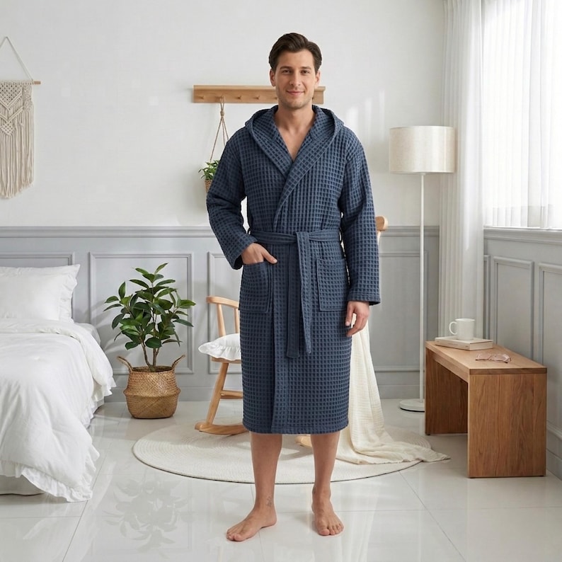 Luxury Mens Waffle Robe, Cotton Hooded Loungewear, Gift - Etsy