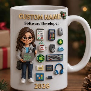 May include: White ceramic mug with a custom name and the text "Software Developer." The mug features a cartoon figure, a laptop, and various tech-related icons. The year "2026" is printed at the bottom.