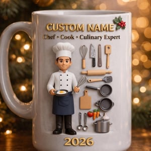 Taza de chef personalizada con relieve 3D, regalo de cocina con nombre personalizado, regalo para amantes de la repostería y la cocina, taza de chef 2026