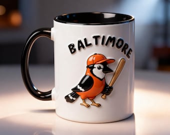 Baltimore Baseball Tasse 3D Prägung, Sportkaffeetasse, Vintage Baseball Fan Geschenk, Orange Vogel Team Becher