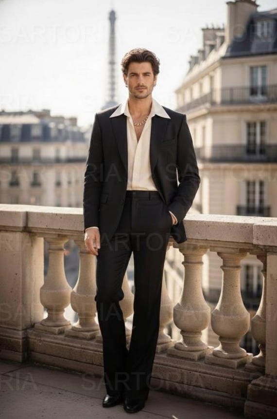 Effortless Parisian Elegance: Men's Tailored Black Terry Rayon Suit With Classic Wide-lapel Cream Shirt for Timeless Style
