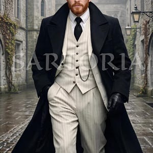 Può includere: Abito formale da uomo, con soprabito nero, gilet e pantaloni chiari a righe verticali, cravatta nera e berretto in tweed. L'outfit è completato da guanti neri. L'ambientazione è una strada acciottolata.