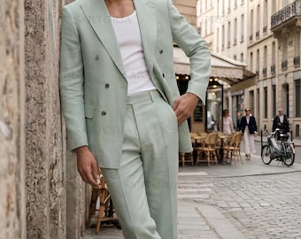 Men's Mint Green Double-Breasted Linen Suit - Tailored Slim Fit Two-Piece for Summer Weddings, Proms & Formal Parisian Style