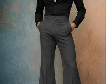 Pantaloni da uomo vintage anni '70 a zampa d'elefante, pantaloni eleganti neri stile discoteca retrò, pantaloni su misura a vita alta