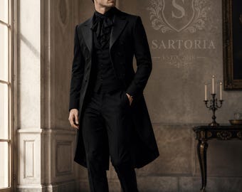 Svart viktoriansk frackkostym för män, gotisk bröllopssmoking, steampunk-formell kappa, edwardiansk inspirerad aftonklädsel, sartoria-stil