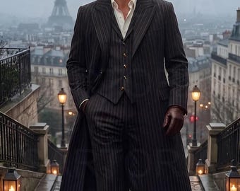 Abito gessato vintage anni '70 da uomo, completo a 4 pezzi con pantaloni a zampa, set composto da trench, gilet e pantaloni a gamba larga su misura, smoking retrò per il ballo di fine anno.