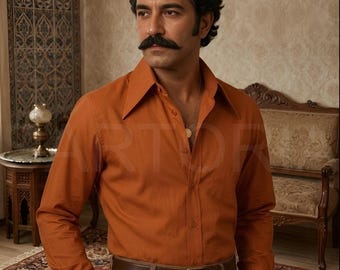 Camicia da uomo vintage anni '70 arancione stile discoteca, retrò groovy, con bottoni, maniche lunghe, stile classico anni '70, baffi, abbigliamento maschile Sartoria