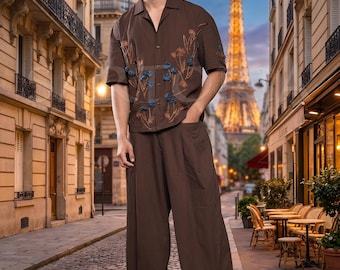 Men’s French-Style Brown Embroidered Coord Set – Relaxed Fit Short-Sleeve Cuban Collar Shirt & Wide-Leg Pleated Trousers