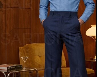 Completo vintage anni '70 da uomo con camicia blu e pantaloni a zampa a vita alta, abito da discoteca retrò su misura, outfit groovy da uomo, Sartoria