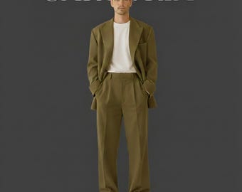 Men’s Oversized Olive Green Suit | 2-Piece Vintage Style Streetwear Set | Relaxed Fit Pleated Trousers & Boxy Blazer | SARTORIA Collection