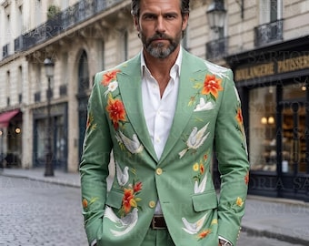 Abito da uomo slim fit in spugna di rayon verde salvia ricamato - Blazer da cerimonia/ballo firmato Floral & Dove Artistry - Abito in stile parigino