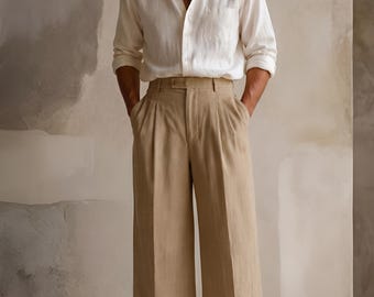 Sartoria 70er Jahre Vintage inspirierte Weitbein Leinenhose & Hemd Set - Retro French Style Herren Premium Tailored Outfit für den Sommer