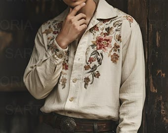 Hand-Embroidered Linen Shirt, Vintage-Inspired Floral Design