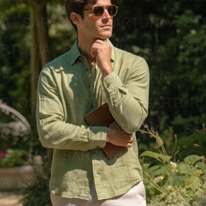 Premium Men’s Sage Green Pure Linen Long Sleeve Shirt - Lightweight, Breathable Summer Essentials for Casual & Semi-Formal Wear image 2
