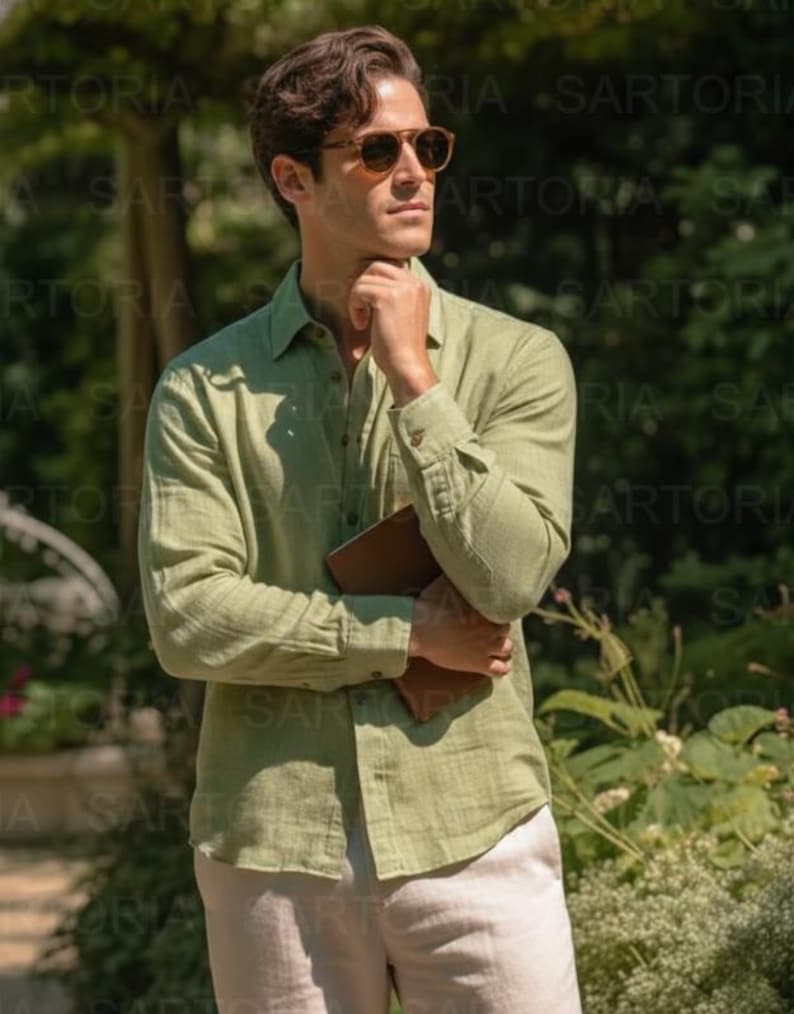 Premium Men’s Sage Green Pure Linen Long Sleeve Shirt - Lightweight, Breathable Summer Essentials for Casual & Semi-Formal Wear image 2