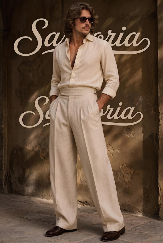 Sartoria Men’s Luxury Linen Set: Premium Breathable Shirt & Tailored Wide-Leg Trousers for Effortless 70s Sophisticated Style