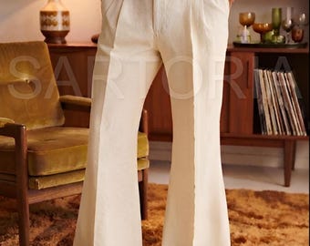 Pantaloni da uomo vintage anni '70 a zampa d'elefante in lino / Pantaloni sartoriali a gamba larga a vita alta color crema di alta qualità / Look estivo retrò formale e casual