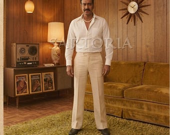 Sultan Mirza Edition: Das kultige 1970er Jahre Retro weiße Popeline Hemd & die cremefarbene High-Rise Leinenhose – Vintage-Schneider-Meisterstück