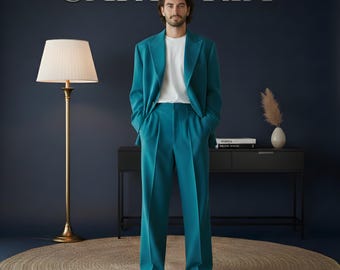Men’s Teal Oversized Suit | Contemporary Relaxed Fit 2-Piece Set | Minimalist Streetwear Blazer & Wide-Leg Trousers | The "SARTORIA" Edition