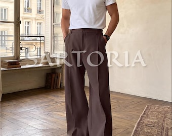 Plissee Herrenhose mit weitem Bein in sattem Espresso Braun – Premium French-Style Tailored Fit Hose mit hoher Taille