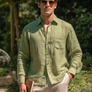 Premium Men’s Sage Green Pure Linen Long Sleeve Shirt - Lightweight, Breathable Summer Essentials for Casual & Semi-Formal Wear image 3