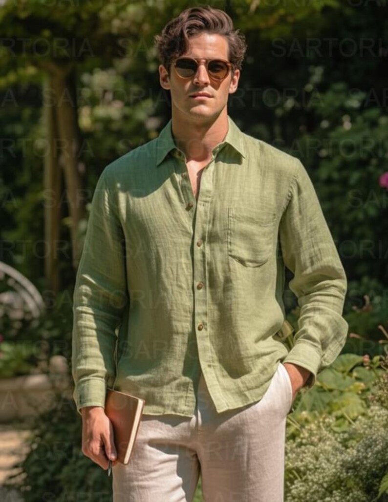 Premium Men’s Sage Green Pure Linen Long Sleeve Shirt - Lightweight, Breathable Summer Essentials for Casual & Semi-Formal Wear image 3