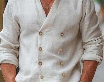 Men's White Linen Double-Breasted Blazer - Mandarin Collar, Slim Fit