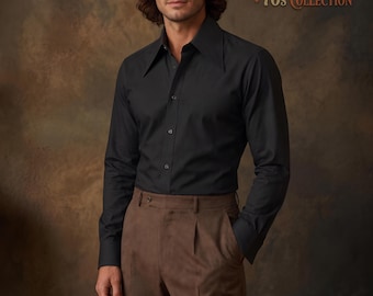 Sartoria 70s Vintage Inspired Men's Black Dress Shirt | Slim Fit Retro Collar Button Down | Classic Formal Business Casual Top