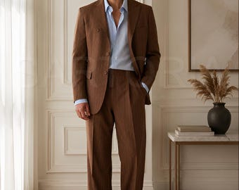 Men's Brown Pinstripe Suit Italian Tailored 2 Piece Suit Groomsmen Suit Classic Vintage Mens Wear Custom Sartoria Suit Gift for Him