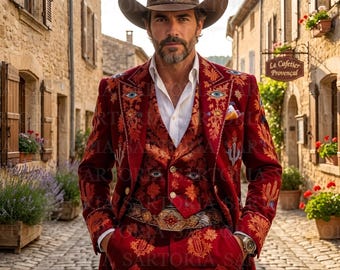 Squisito abito in spugna di rayon bordeaux ricamato – Blazer da uomo su misura con ricami elaborati, abbigliamento da cerimonia personalizzato per SARTORIA
