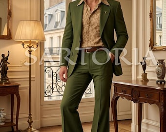 Vintage Parisian Style Sage Green Terry Rayon Two-Piece Suit – Slim-Fit Peak Lapel Blazer & High-Waisted Flare Trousers for Men