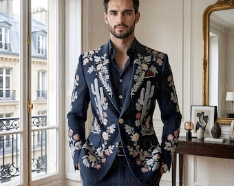 Completo artigianale in spugna di rayon blu notte con ricami floreali e di cactus argentati – Un'esclusiva SARTORIA
