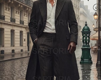 Cappotto lungo da uomo vintage anni '70 a righe nere, in lana, stile trench - Giacca invernale retrò da detective, cappotto lungo su misura