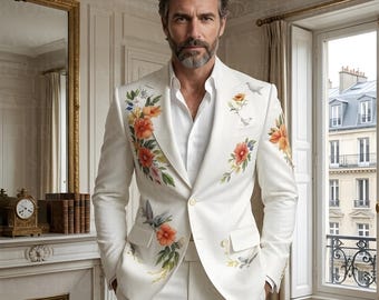 Abito su misura in spugna di rayon color avorio con ricami artigianali di uccelli e fiori – Un capolavoro SARTORIA