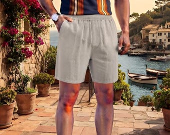 Completo da uomo Sartoria in lino greige stile retrò anni '70 - Abbigliamento estivo di alta qualità per la spiaggia e le vacanze al resort
