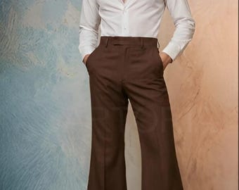 Men's 70s Vintage Bell Bottom Trousers, Retro High Waisted Brown Flare Pants, Disco Studio 54 Outfit, Custom Tailored Menswear