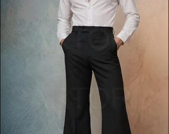 Vintage 70s Bell Bottom Trousers for Men, Retro High-Waisted Flare Dress Pants, Custom Tailored Disco Outfit