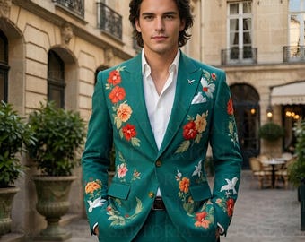 Squisito abito da uomo in spugna di rayon color verde acqua con vivaci ricami floreali e stile parigino - Abito da sera di lusso slim fit su misura