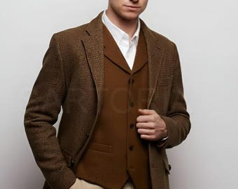 Blazer da uomo in tweed Harris Heritage – Vestibilità classica su misura con motivo a spina di pesce nei toni dell'ocra autunnale e del marrone terroso